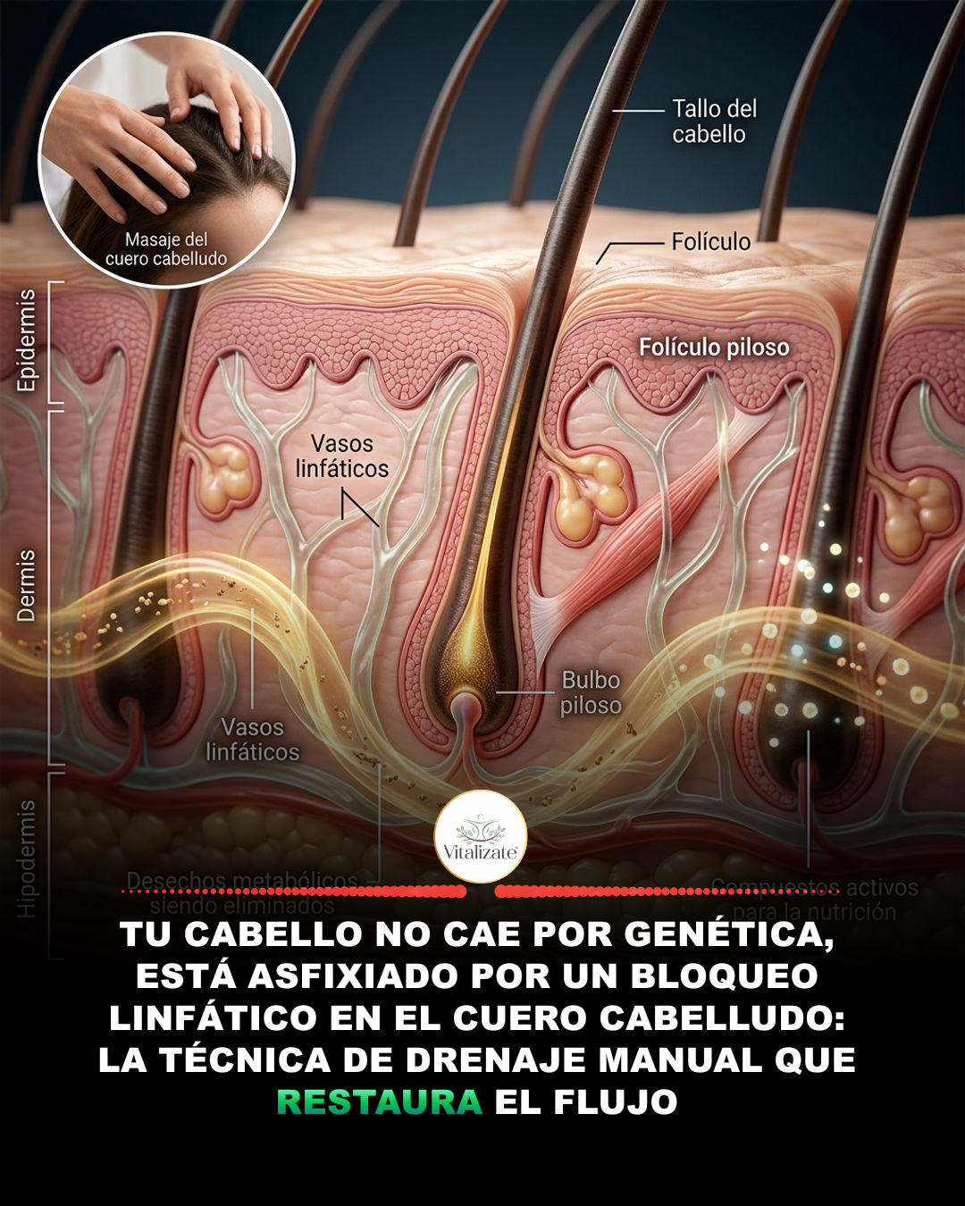caida, cabello, drenaje, linfatico